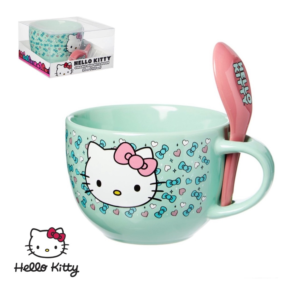 BNIB Hello Kitty Blue Bow Ceramic Soup Mug & Pink Spoon Set